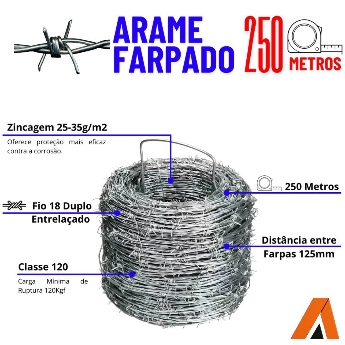 Arame Farpado Zincado Fio 18 Duplo Entrelaçado 250 Metros - Imagem 5